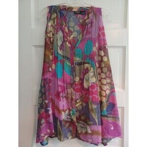 Watercolor floral sleeveless  cotton blouse S colorful tunic Lagenlook artsy